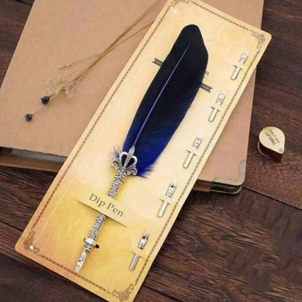 Natural Vintage Style Blue Feather Calligraphy Pen Wedding Christmas Gift New